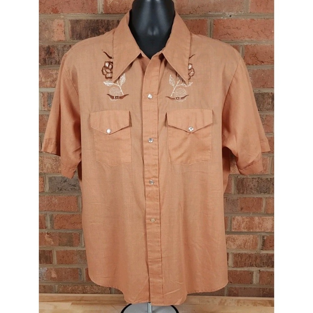 Vintage 50s Mustang Western Brown Pearl Snap Short Sleeve Shirt Mens Sz XL